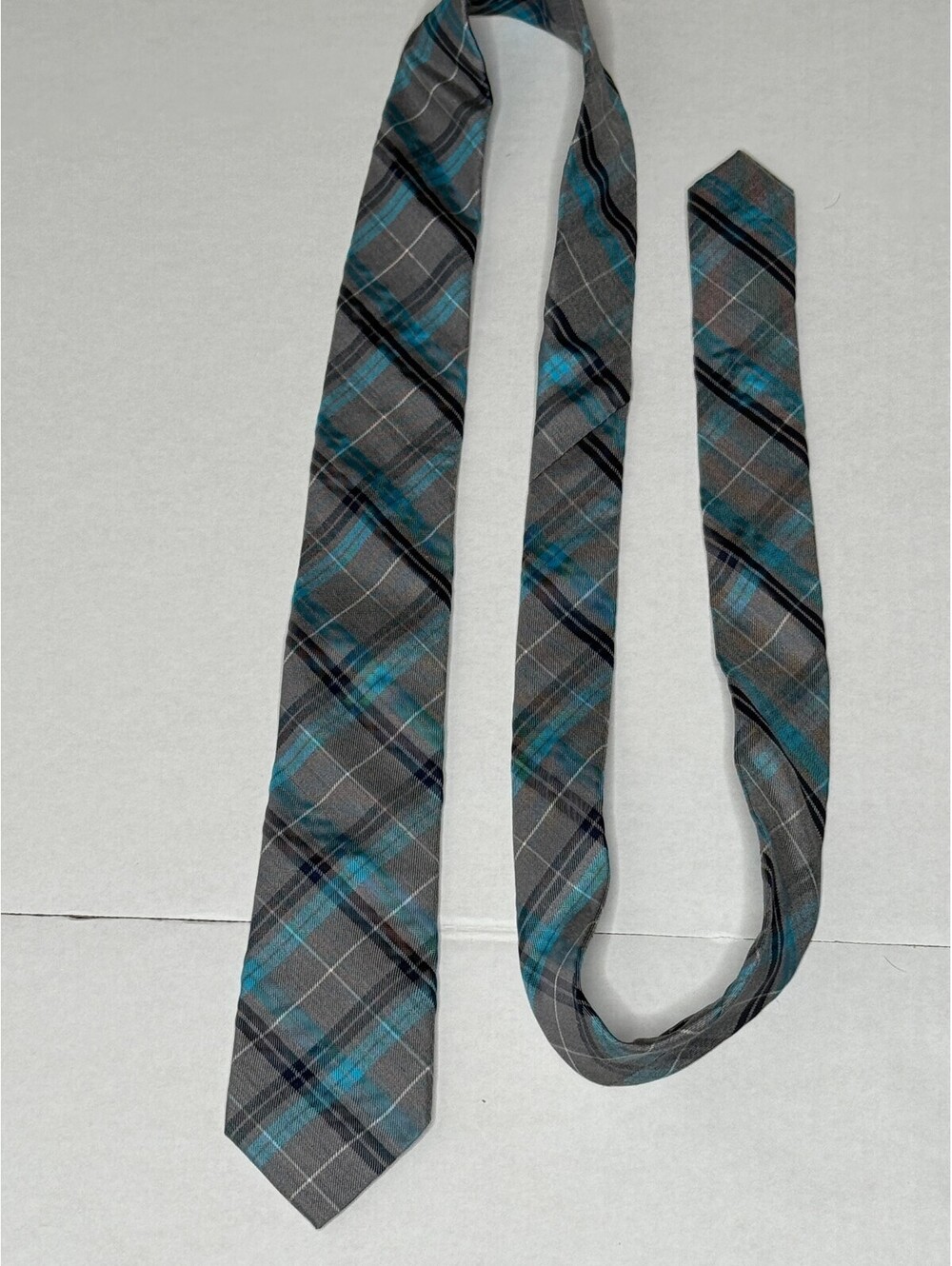 Express Men's Gray Teal Plaid Skinny Necktie